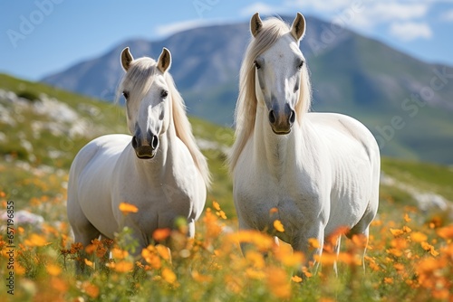 Wild horses graze on beautiful, remote mountains. Generative AI. © Dusit