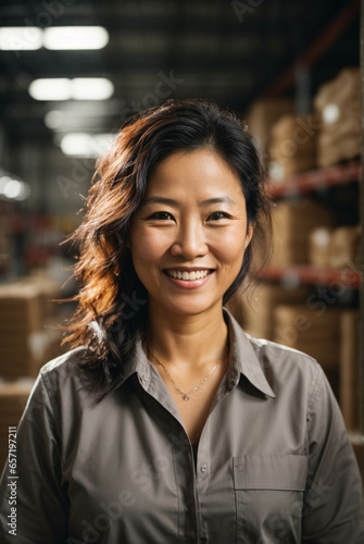 Smiling portrait of happy middle aged Asian female worker or manager working in warehouse