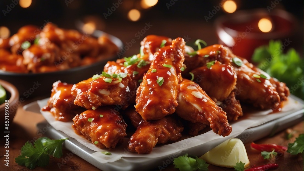 Close up view of delicious hot chicken wings with sauce