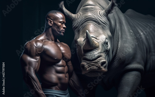 A muscular man and a rhino