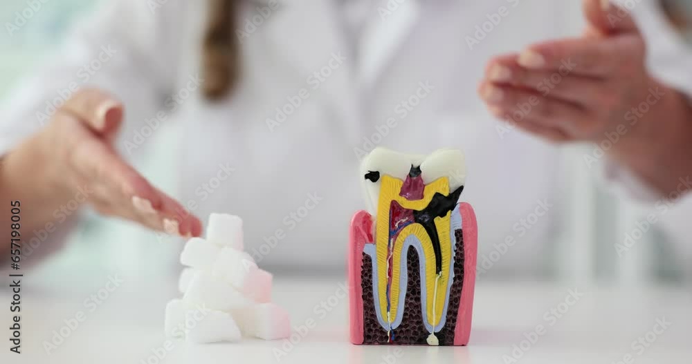 Doctor showing cavities on artificial tooth model. Dentist assistant