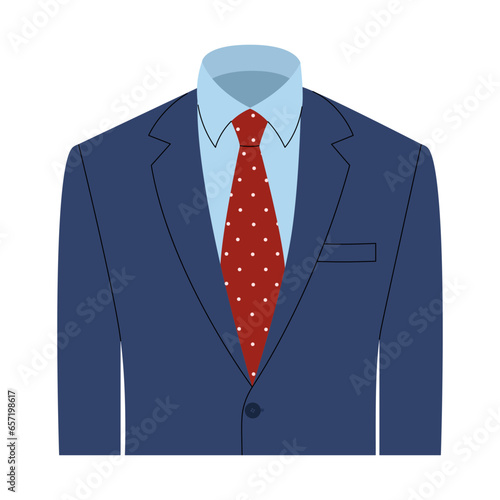 Blue men's jacket with blue shirt and red polka dot tie. Male business suit with blazer. Vector flat illustration isolated on white background