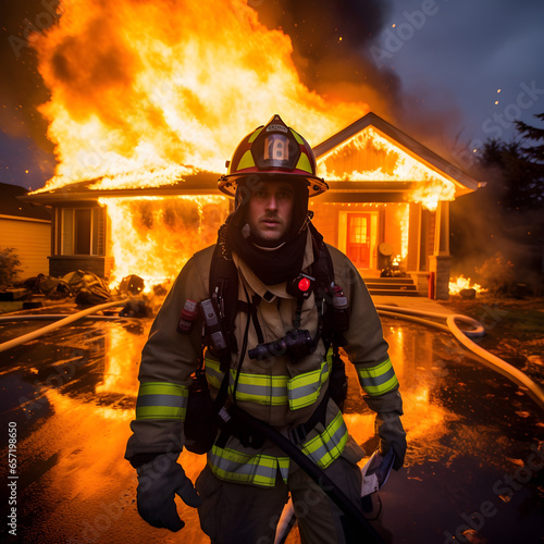 Brave Firefighter Battling Intense House Inferno