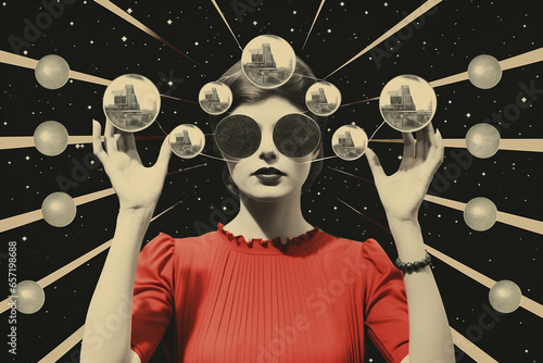 Fine art, pop art concept. Minimalist and surreal retro art collage with woman portrait. Grunge effect style. Geometric shapes and tiny ornate details in background. Generative AI