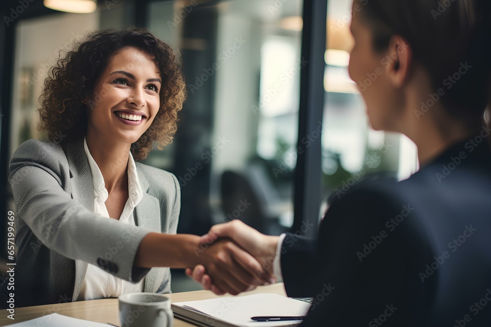 a happy businesswoman shaking hands with an employee at the table. bank or insurance agent, lawyer making contract deal with client at work.  generative AI  - obrazy, fototapety, plakaty 