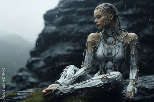 Sci-fi  fantasy  states of mind  nature concept. Half woman half robot meditating on rock during rain. Generative AI