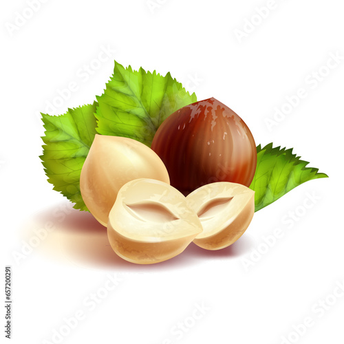 hazelnuts with leaves on white almond