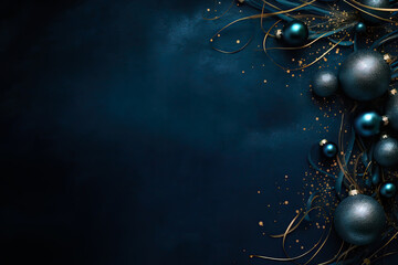 Dark blue Christmas decoration balls on dark background. Merry christmas and happy new year greeting card with copy space for text.