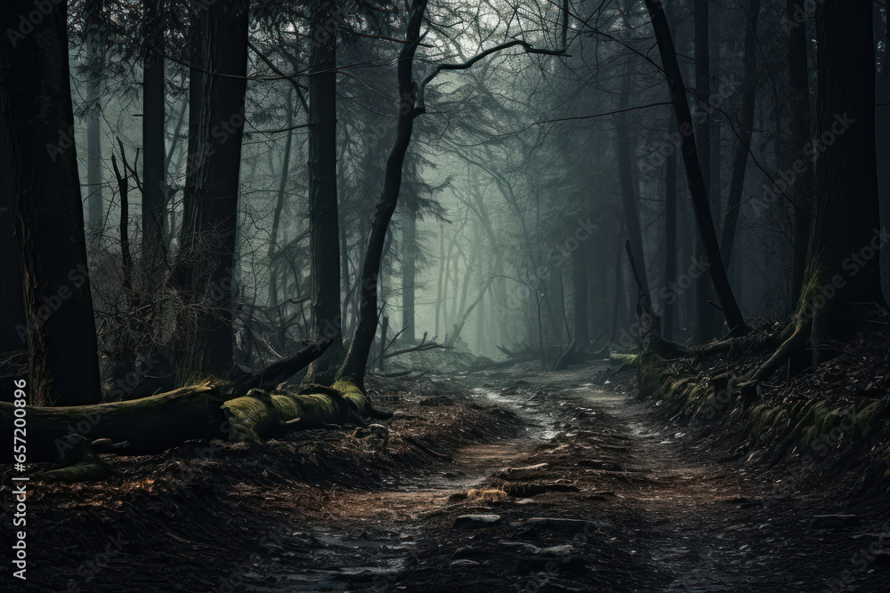 Fototapeta premium Mystical mysterious fog in the forest at sunset