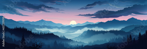 Mystical mysterious fog over the forest tops overlooking the mountains at sunset, banner, illustration