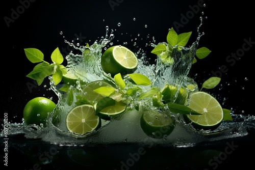 Splashes of lime, mint, and water on a dark backdrop. Generative AI