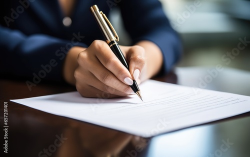 Business woman's hand writing a letter. Generative AI