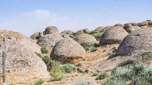 Unusual spherical shape of stones in the Kazakh steppe Mangistau  valley of balls in nature Torysh