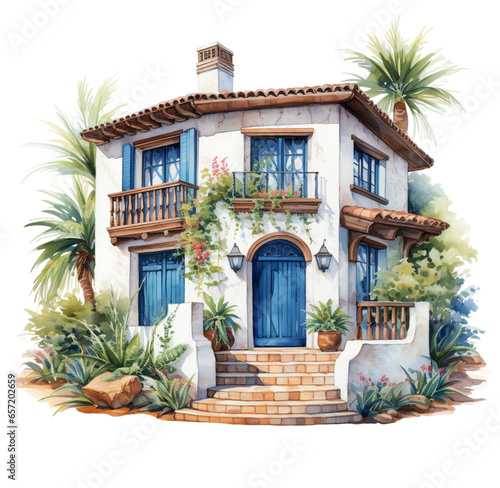 Watercolor illustration of a tropical house. Generative AI  png