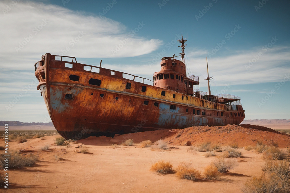 Shipwreck damaged in the desert