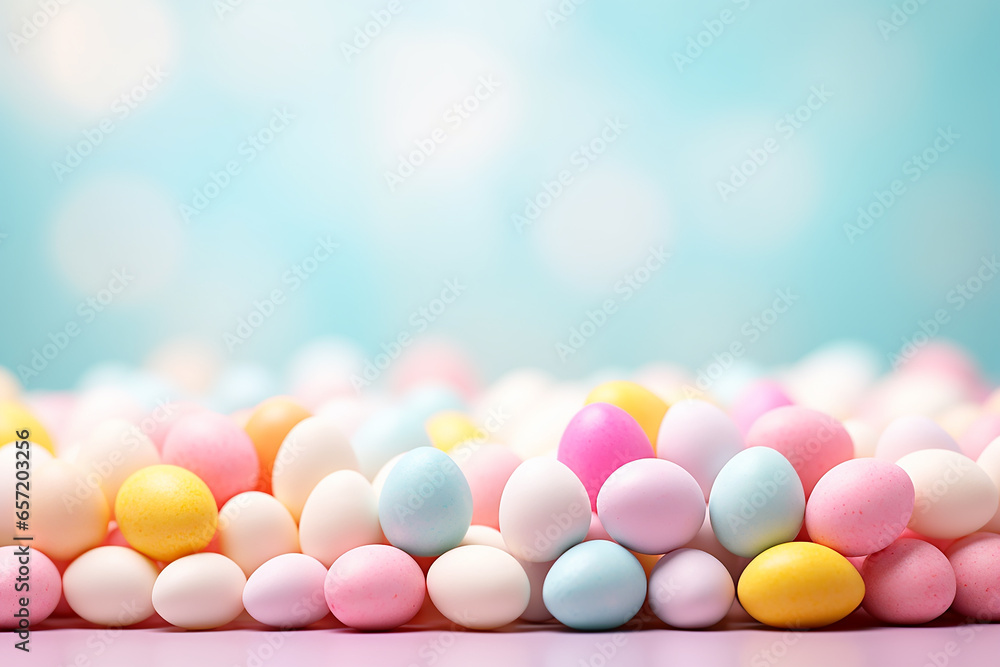Colorful easter eggs and flowers on grey background. Top view with copy space