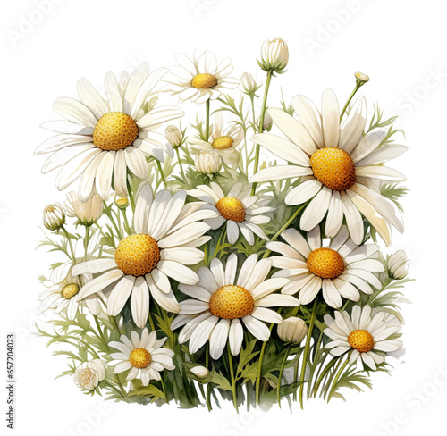 Watercolor illustration of white daisies. Generative AI  png