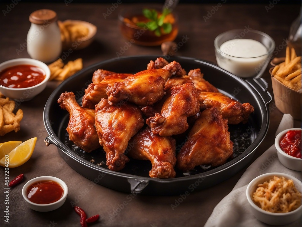 Deliciously looking hot and spicy chicken wings in a plate at restaurant Deliciously looking hot and spicy chicken wings in a plate at restaurant