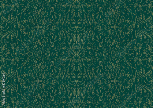 Hand-drawn unique abstract symmetrical seamless gold ornament on a dark cold green background. Paper texture. Digital artwork, A4. (pattern: p11-1b)