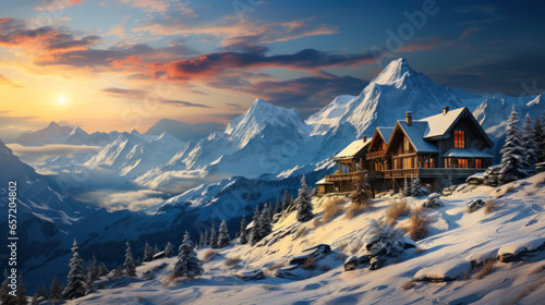 Winter snow landscape with wooden chalets in snowy mountains. © Svetlana Kolpakova