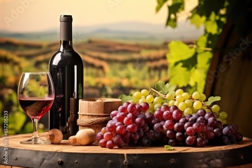 Ripe red grapes and a bottle of wine with poured glasses stands on a wooden barrel. Exquisite taste wine for your romantic evening.