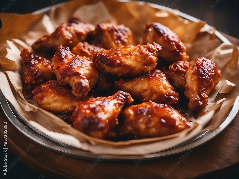 Hot and spicy chicken wings round in a tray with fireproof paper Hot and spicy chicken wings round in a tray with fireproof paper