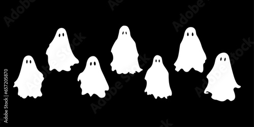 White Ghosts: A Great Halloween Collection. Simple Spooky Characters. Scary Ghostly Monsters in White. Black Background Setting