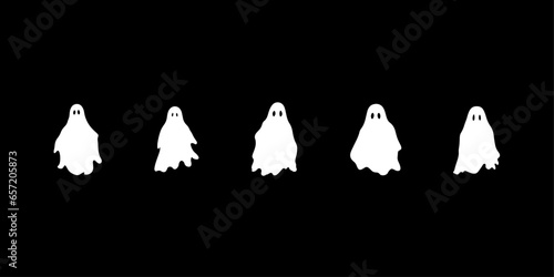 Great Collection of White Ghosts for Halloween. Simple Spooky Characters. Scary White Ghostly Monsters on a Black Background