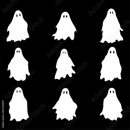 Halloween's Great Collection: White Ghosts. Simple and Spooky Characters. Scary White Monsters in the Ghostly Form. Black Background