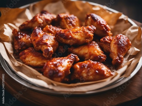 Hot and spicy chicken wings round in a tray with fireproof paper