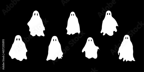 Simple, Spooky Characters in a Great Collection for Halloween: White Ghosts. Scary Monsters of a Ghostly White on a Black Background