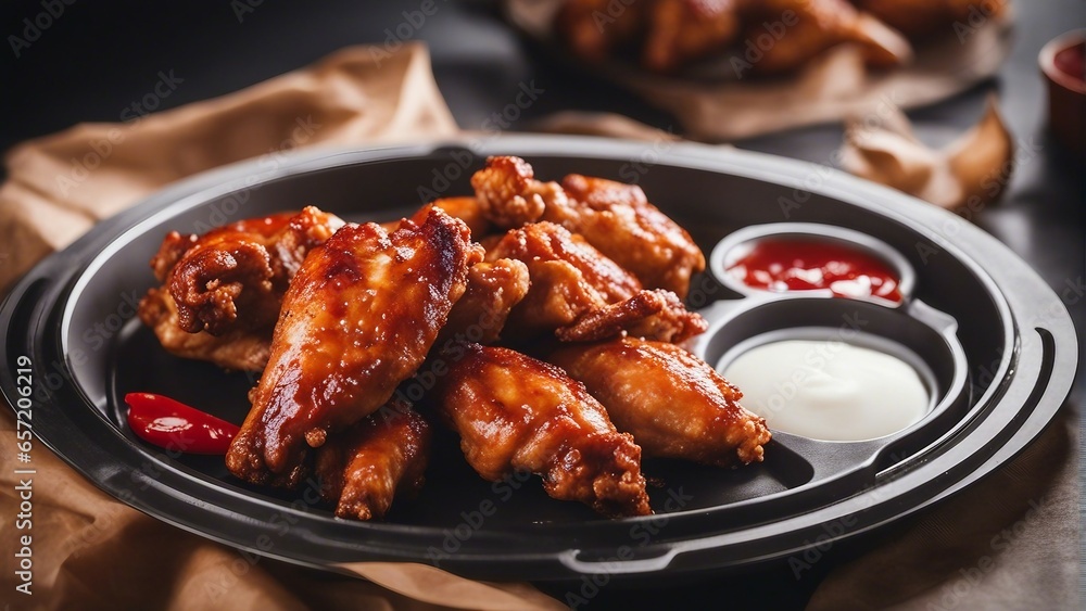 Hot and spicy chicken wings round in a tray with fireproof paper