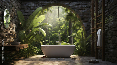 3d Tropical bathroom with stone walls and contemnor