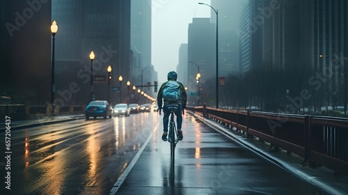 Rear view of a cyclist riding through a busy city at night during fog and twilight.