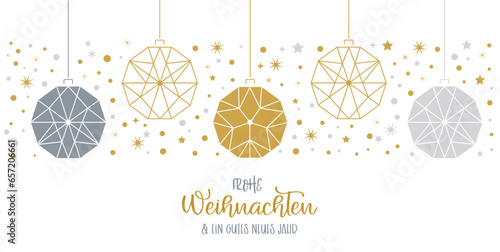 Weihnachtskarte mit Christbaumkugeln und Baumbehang gold und silber - deutscher Text auf weissem Hintergrund