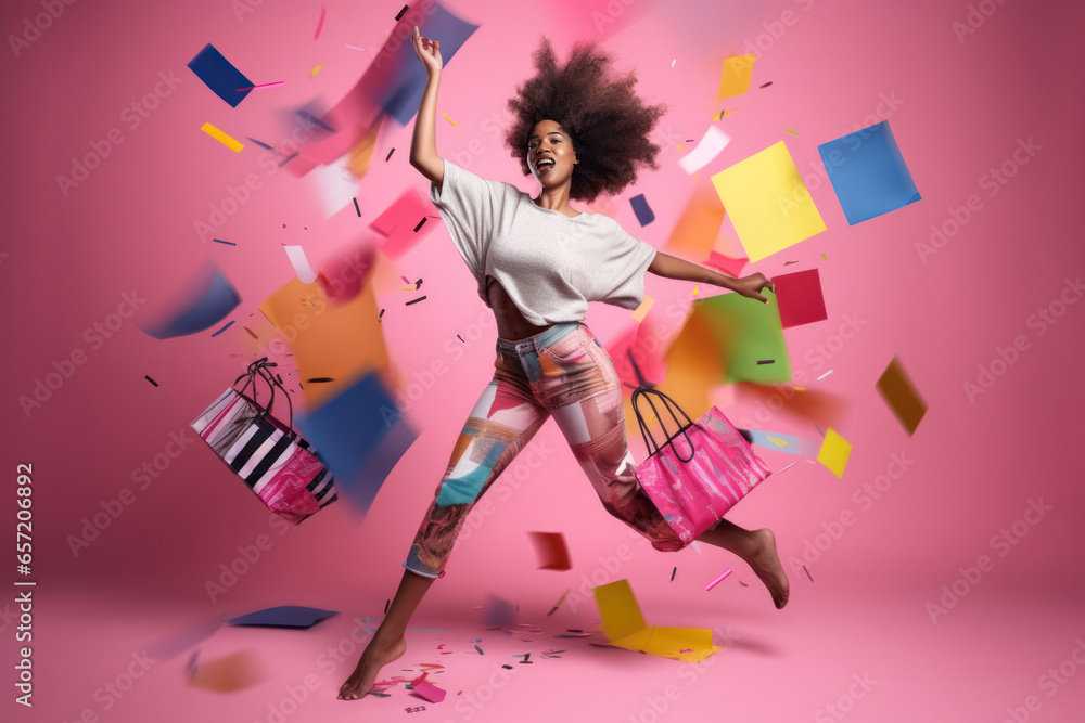 african american woman on pink background shopping full of black fridey bags. created with ai. - obrazy, fototapety, plakaty 
