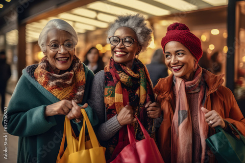 three african senior women doing christmas shopping. created with ai