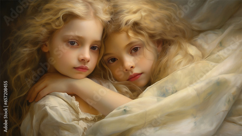 Vintage illustration of blond twin sisters or friends embracing one another. Young children.