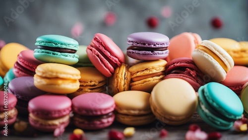 Colorful and delicious macarons in a plate, blurry background