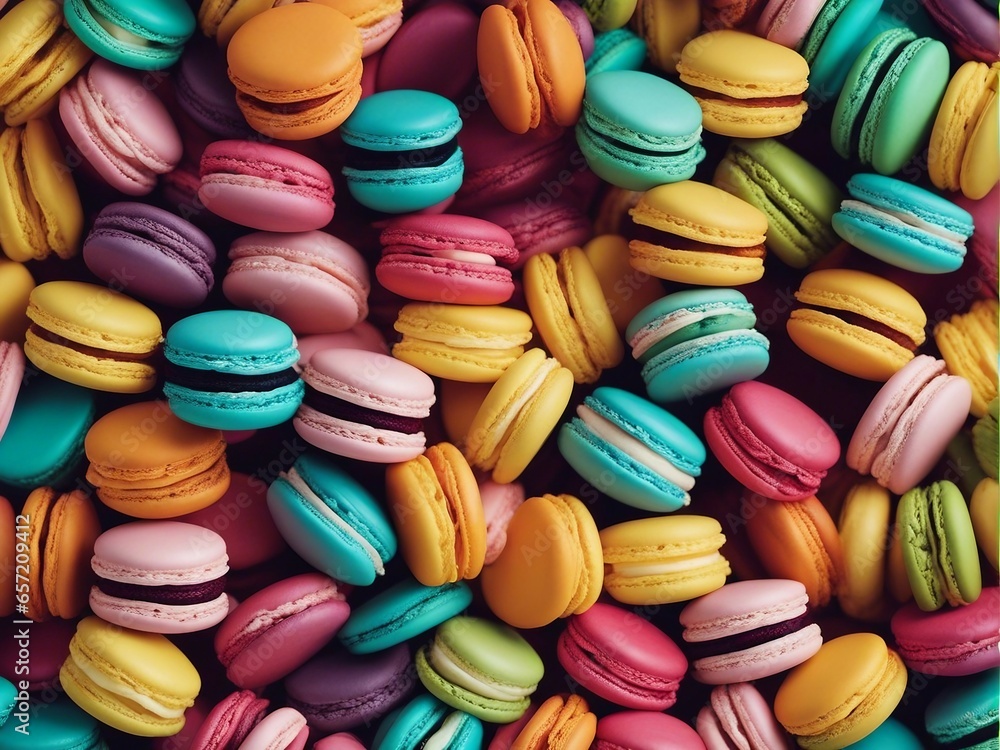 Colorful macarons all together on flat surface, above view Colorful macarons all together on flat surface, above view