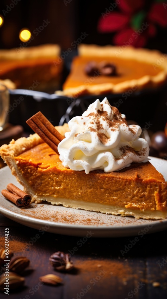 Indulgent pumpkin pie with whipped cream and cinnamon Indulgent pumpkin pie with whipped cream and cinnamon