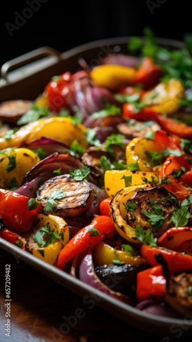 Colorful roasted veggies with caramelized edges and herbs