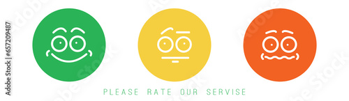 Please rate our service text. Three round icons. Sad, neutral and happy faces. Minimal simple style. Modern Vector illustration. Design templates. Feedback, rating, customer review concept