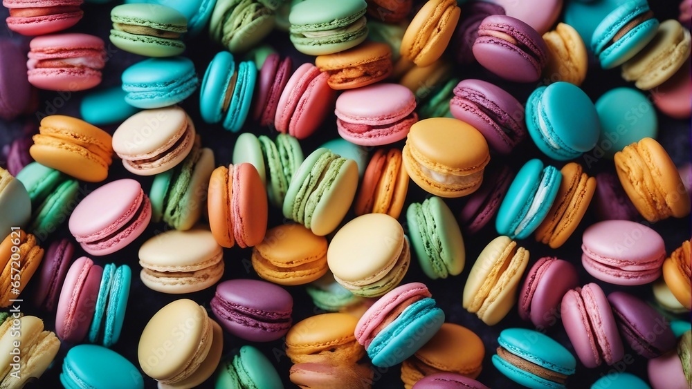 Colorful macarons all together on flat surface, above view Colorful macarons all together on flat surface, above view
