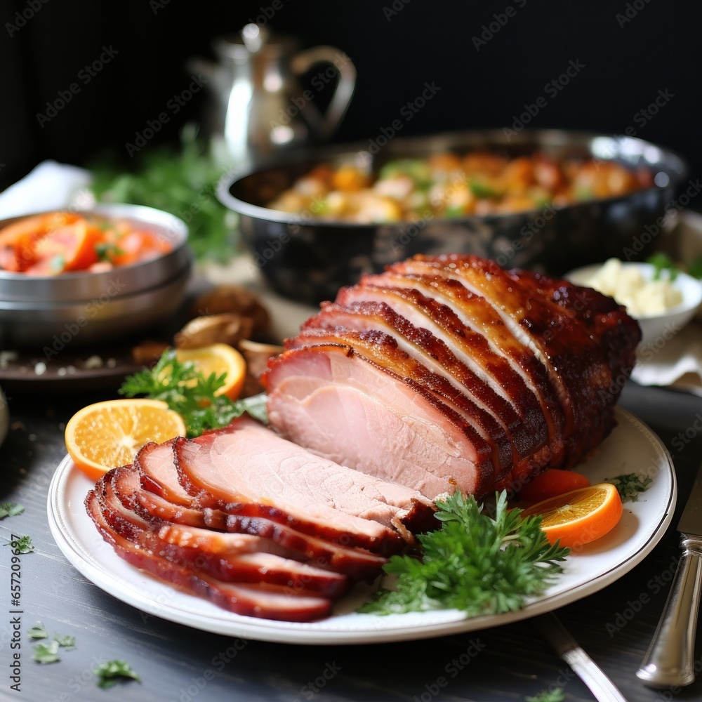 Festive ham glazed with sweet and savory flavors Festive ham glazed with sweet and savory flavors