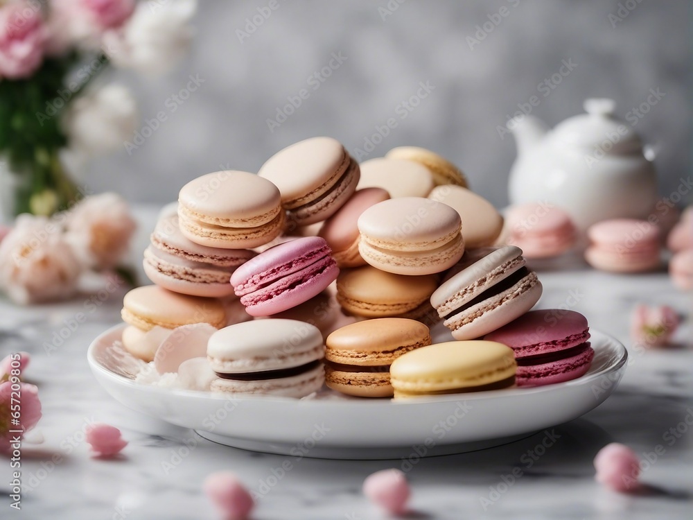Obraz premium Delicious Macarons in the plate at marble kitchen with decoration