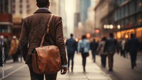 Businessman walking down busy city street with briefcase