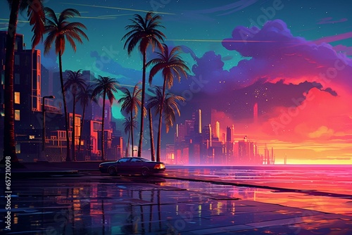 Vibrant nocturnal view featuring palm trees against a retro-style neon cityscape with bright and colorful lights reflecting on the sea. Generative AI