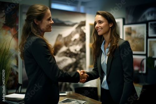 Happy business woman shaking hands in the office meeting. smiling female hr hiring recruit at job interview. generative AI © yj