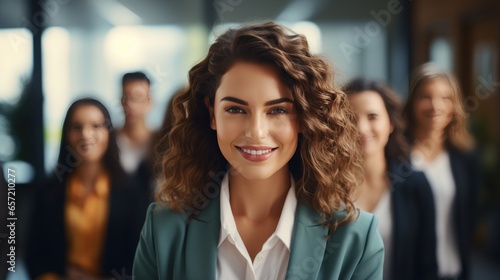 Confident businesswoman standing in front of her team